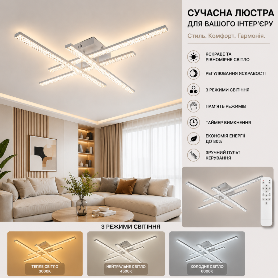Управляемая светодиодная люстра 10549 LINE-60W-4L-SMART-810x810x125-WHITE-220-IP20 - фото 1
