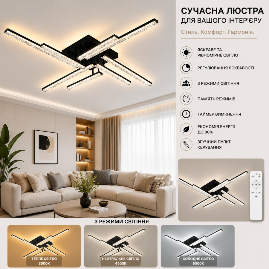 Управляемая светодиодная люстра 10550 LINE-76W-8L-SMART-955x955x125-BLACK-220-IP20 - фото 1