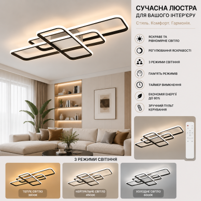 Управляемая светодиодная люстра 10569 SVEN 105W 3SQ SMART 908x508x80 BLACK-220-IP20