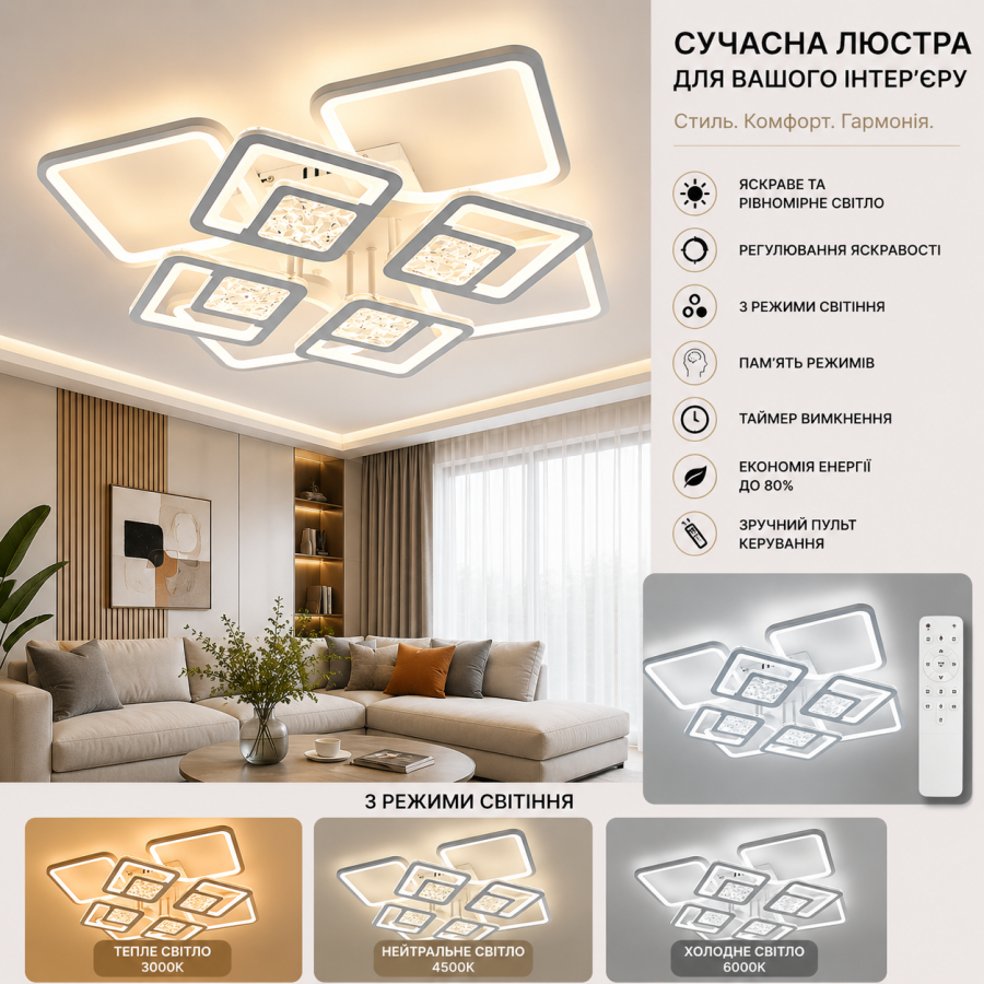 Управляемая светодиодная люстра 10584 TETRA TWIST ICE 165W 8S-SMART 595x595x110-WHITE/CLEAR-220-IP20 - фото 1
