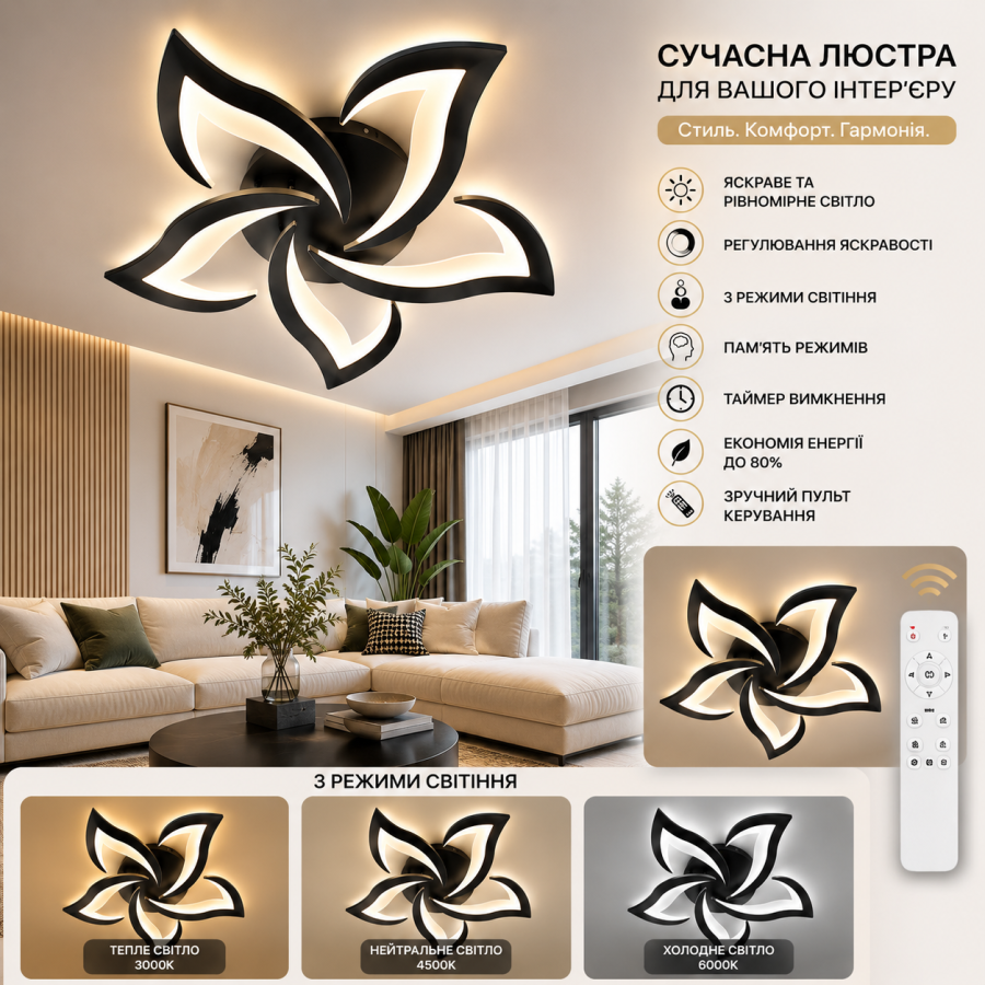 Управляемая светодиодная люстра 10594 ELLA 50W 5F 600x95-BLACK-220-IP20 - фото 1