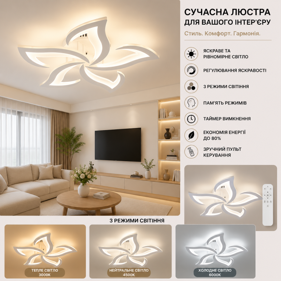 Управляемая светодиодная люстра 10595 ELLA 50W 5F 600x95-WHITE-220-IP20 - фото 1