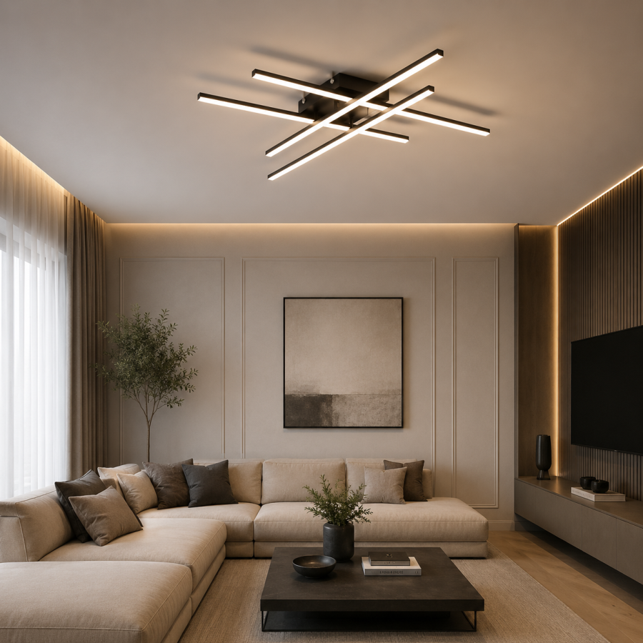Управляемая светодиодная люстра 10629 LINE 70W 4L-RC-850x850x90-BLACK-230-IP20 - фото 1