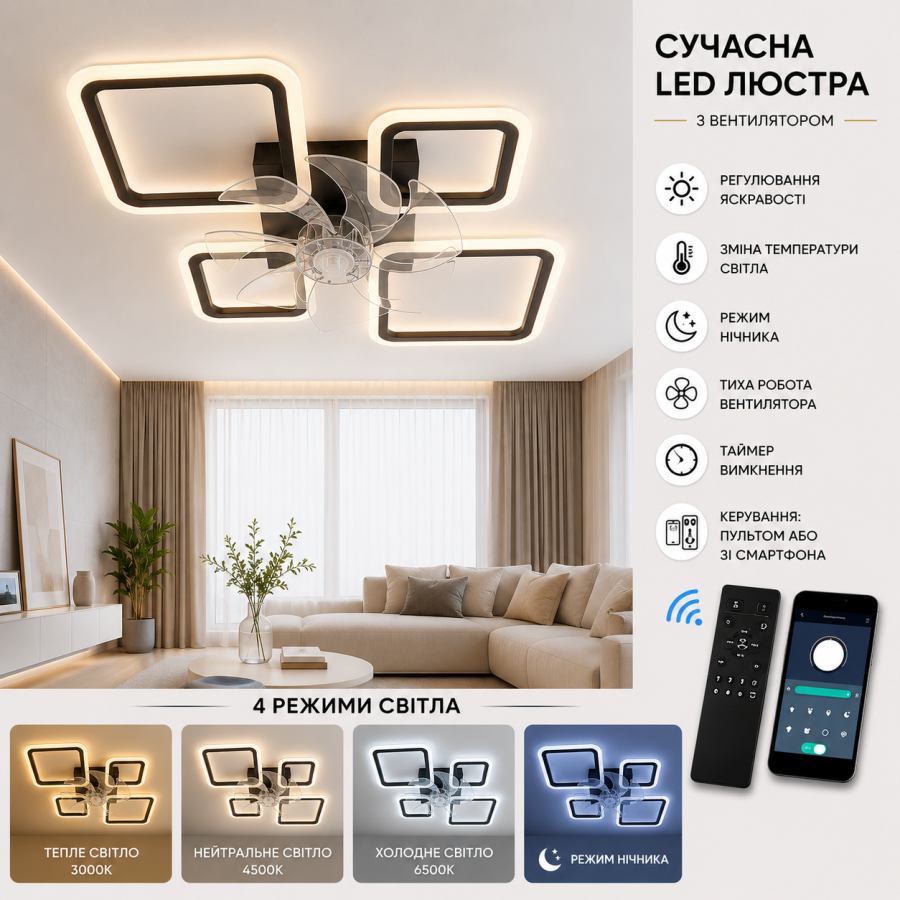 Управляемая светодиодная люстра с вентилятором 10588 FAN OVAL 70W+18W 4S-smart-760*560*120-BLACK-220-IP20 - фото 1