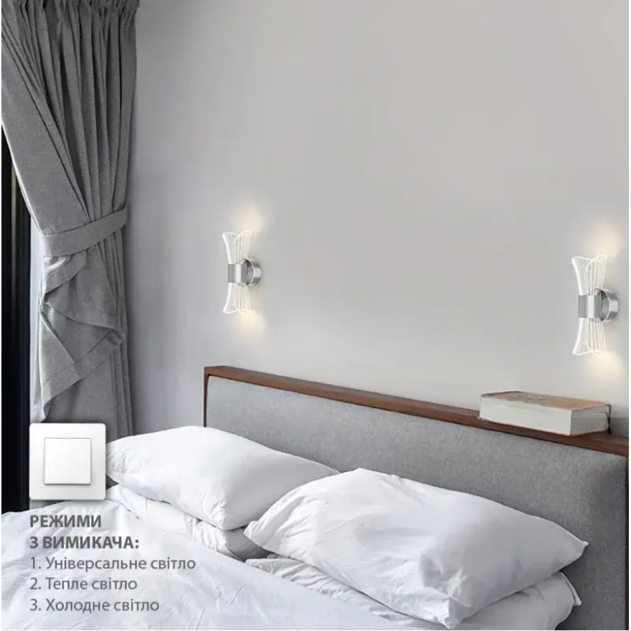 Управляемый светодиодный светильник, бра 10130 DIO 12W 2Y-ON/OFF-230х80х95-CHROME/CLEAR-220-IP20 - фото 6