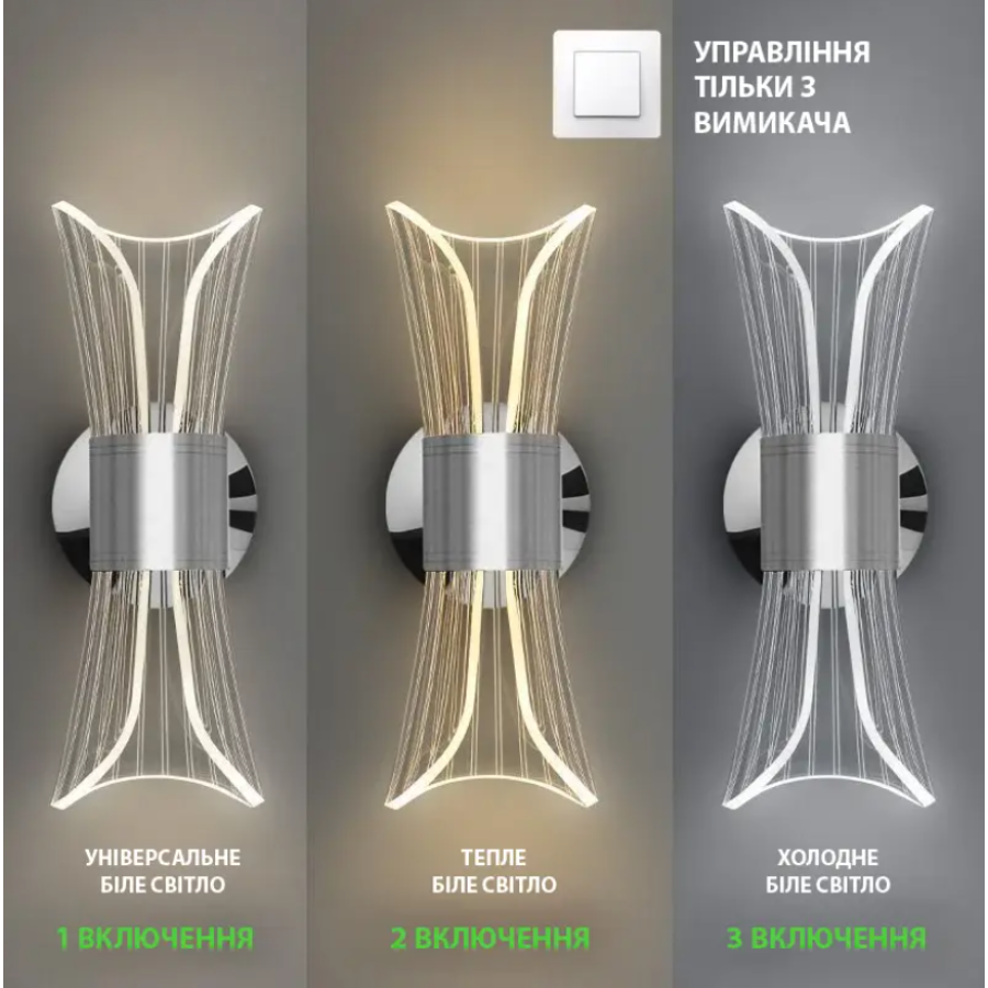 Управляемый светодиодный светильник, бра 10130 DIO 12W 2Y-ON/OFF-230х80х95-CHROME/CLEAR-220-IP20 - фото 4